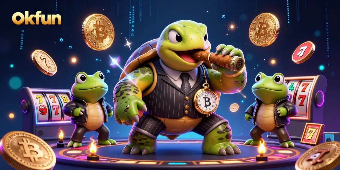 Engage with okfun's lively online casino featuring a snapping turtle in a mobster suit, surrounded by slot machine elements.