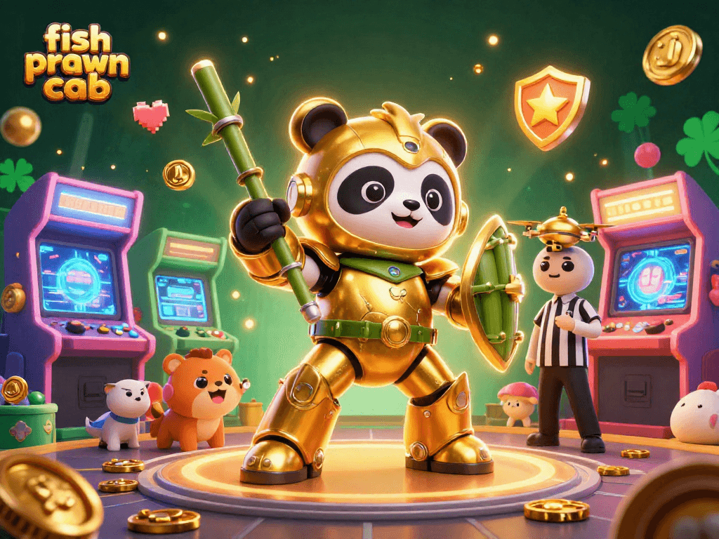 Experience the thrill of fish prawn crab gaming with an exciting mech-suit panda scene.