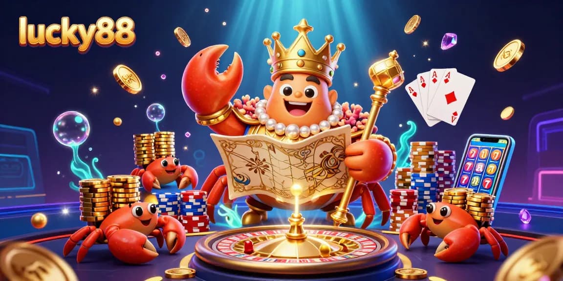 Experience the excitement of lucky88 with a vibrant casino scene featuring a golden crab emperor alongside golden coins and gems.