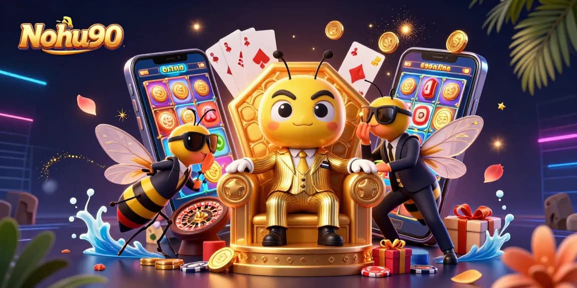 Nohu90's thrilling gaming atmosphere showcases a bumblebee mob boss amidst slot games and riches.