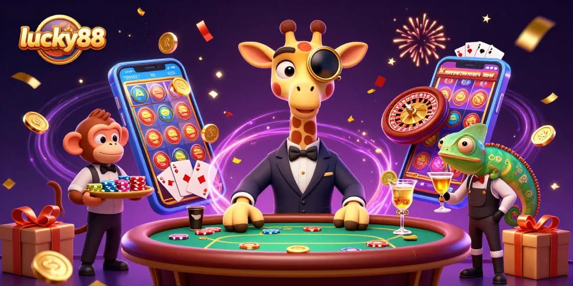 Experience excitement at lucky88 as the giraffe deals cards and a chameleon serves cocktails.