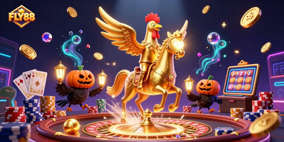 Experience thrilling gaming at FLY88 with a whimsical illustration featuring animated characters and casino elements.