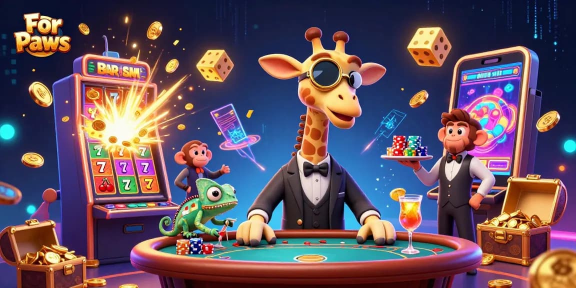 For Paws showcases a giraffe high-roller at a poker table surrounded by casino excitement.