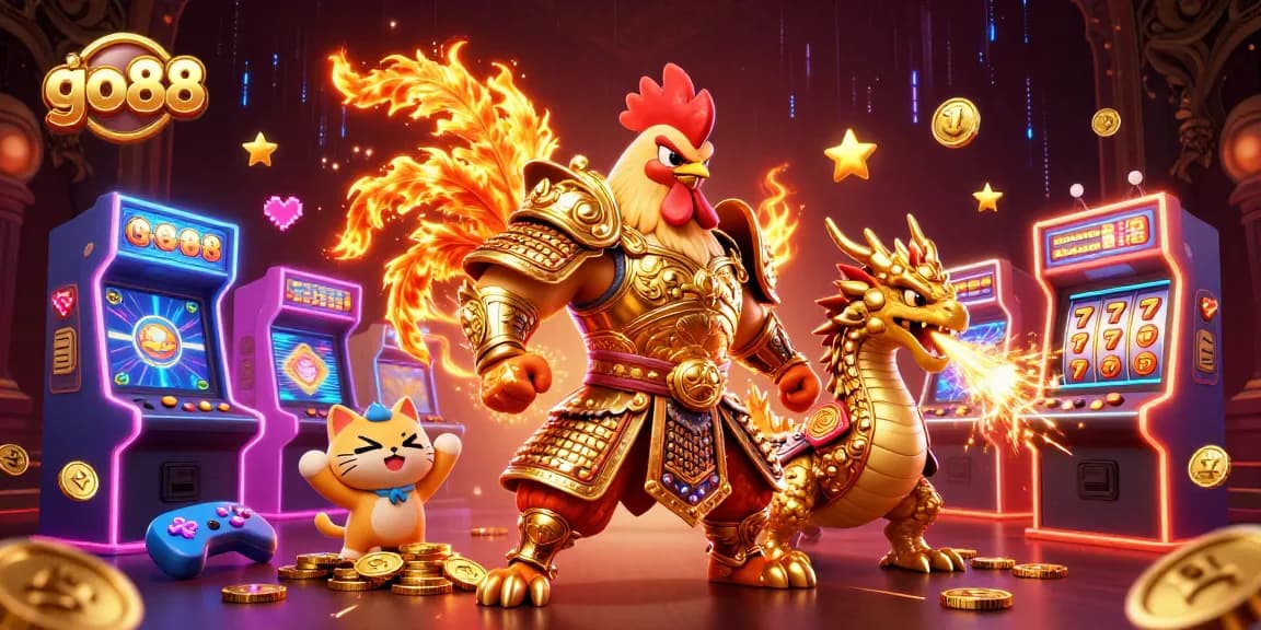 Engage with go88's vibrant 3D casino scene featuring a warrior rooster, dragon hatchling, and fortune cat amidst thrilling gaming elements.
