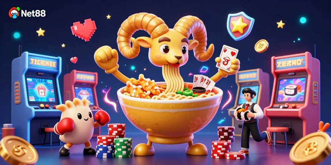 Experience net88's vibrant casino atmosphere with a 3D ramen bowl dealer amidst arcade game excitement.