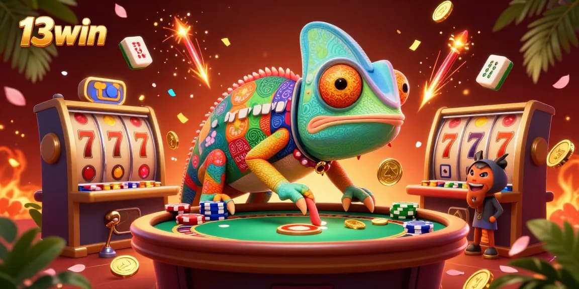 Experience thrilling wins at 13win, where a colorful chameleon casino owner captivates with vibrant gaming elements.
