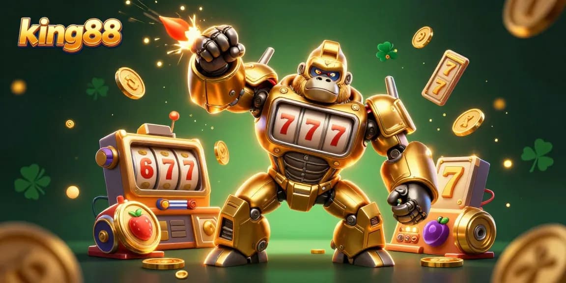 Experience thrilling gameplay at king88 with an explosive 3D visual featuring a golden gorilla mech and slot machine elements.