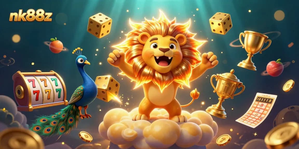 Experience the thrill of nk88z with vibrant slot reels and a triumphant lion illustration
