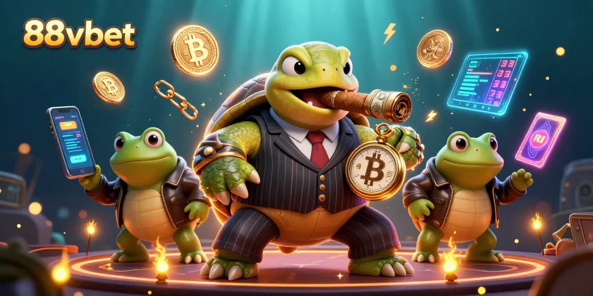 Engage with 88vbet's vibrant casino world featuring a mobster turtle and bullfrog enforcers amidst sparkling crypto riches.
