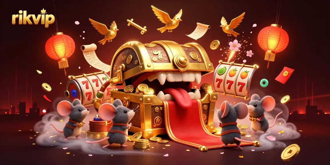 Experience the thrill of rikvip with a vibrant 3D casino scene filled with treasures.