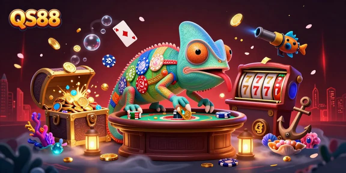 Engage with QS88, where a colorful chameleon casino owner watches over vibrant gaming elements.