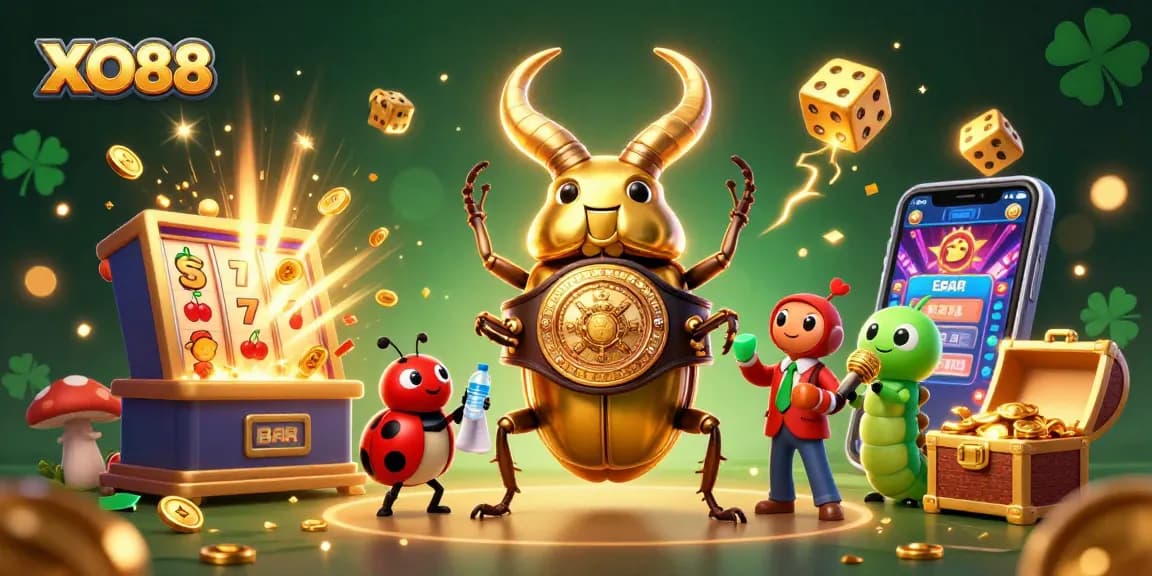 Engage with XO88 excitement in a vibrant 3D casino showdown illustration featuring dynamic characters and rich casino elements.