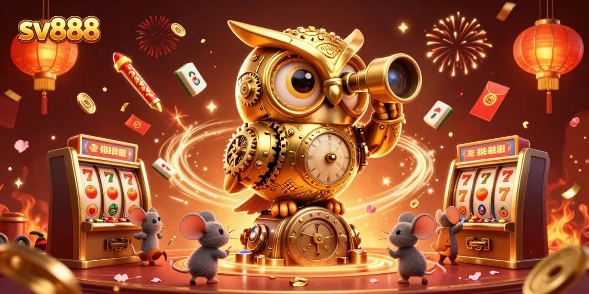 Experience sv888's thrilling casino atmosphere with a golden owl overseeing a vibrant scene