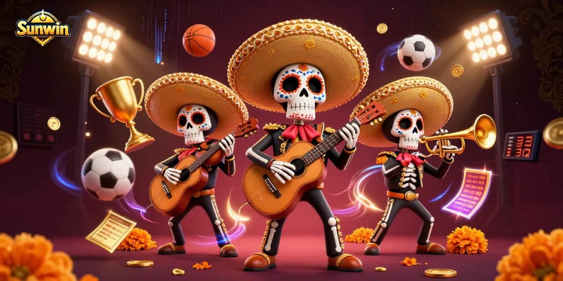 Join Sunwin's vibrant casino games with lively characters and dynamic sports elements in an engaging 3D illustration.