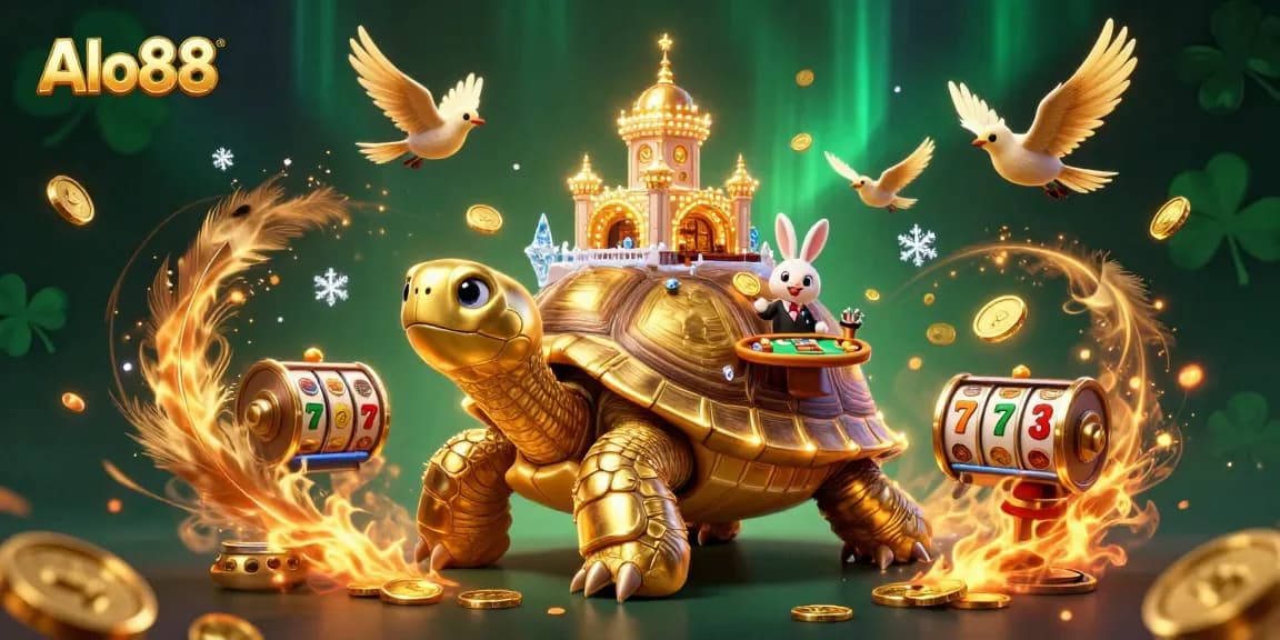 Alo88 offers a thrilling casino experience with dynamic golden tortoise and rabbit dealer illustration.