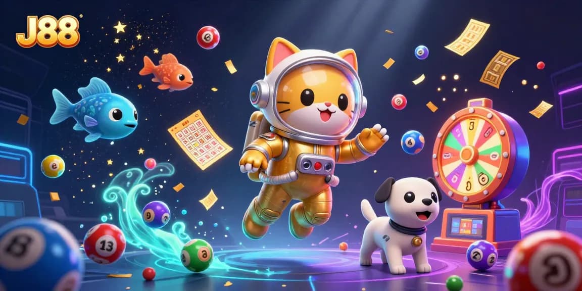 Win big at J88 with vibrant lottery elements and colorful games in a cosmic adventure.