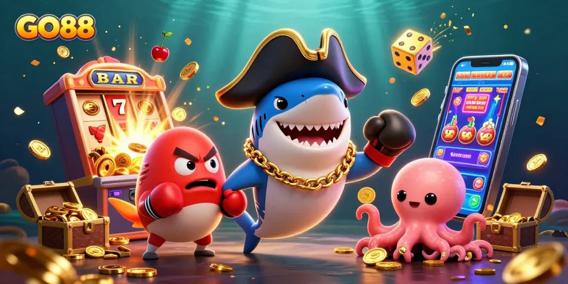 GO88 showcases an exciting gambling scene with a shark and friends celebrating huge wins at the casino.