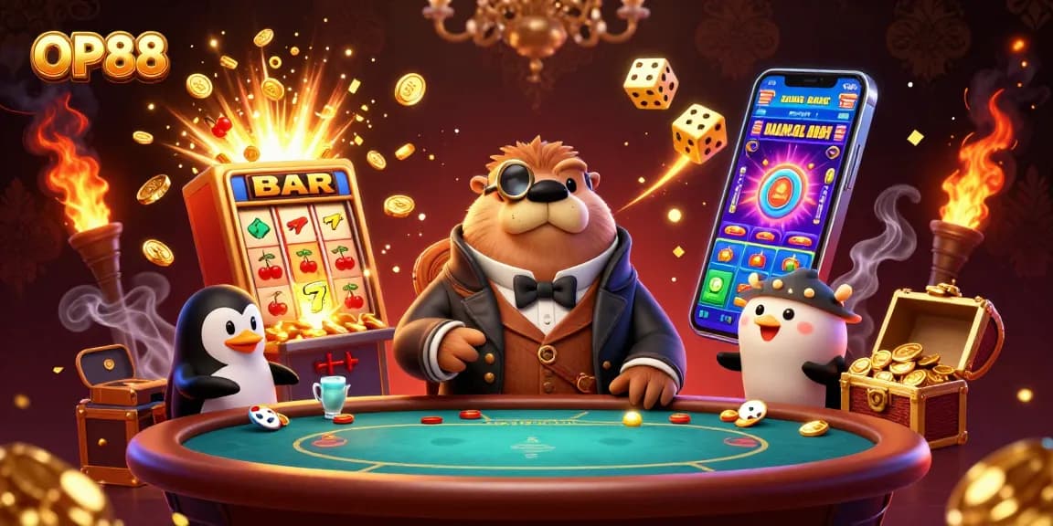 Win big at OP88 with a jolly walrus, sophisticated dealer, and a bluffing pufferfish at the poker table.