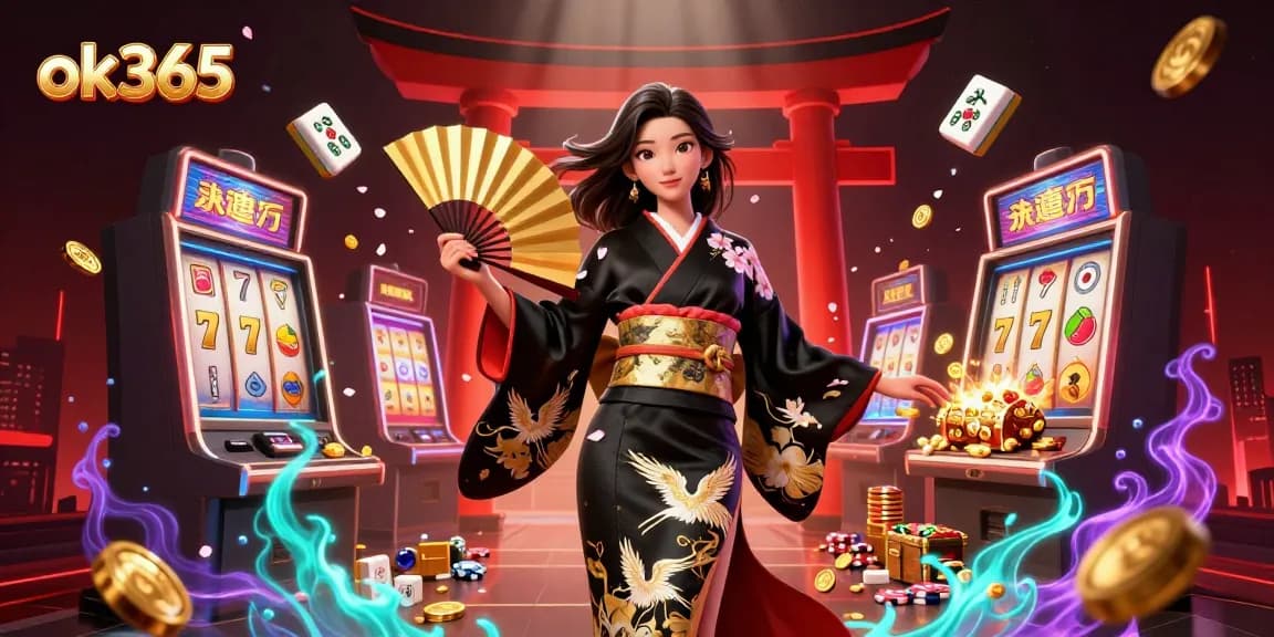 Spin and win big with ok365 in this vibrant casino-themed illustration showcasing slot machines, gold coins, and elegant characters.
