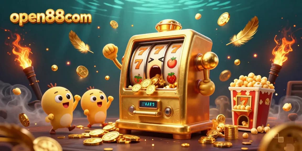 Spin a win on open88com with golden slot machines celebrating a jackpot in a vibrant casino.