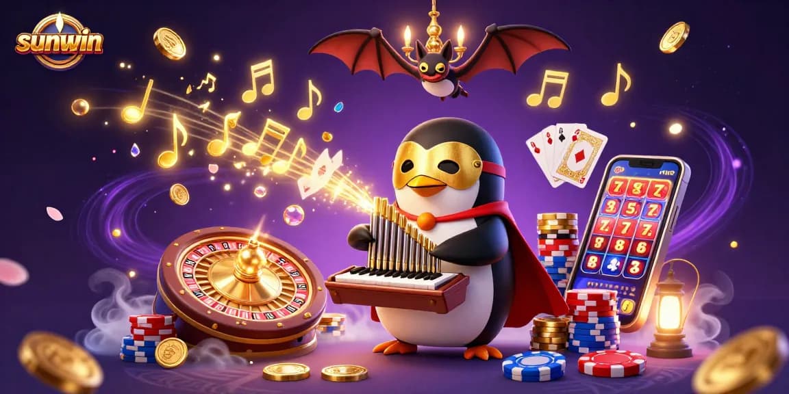 Experience sunwin's enchanting casino world with a dynamic penguin and acrobatic bat!