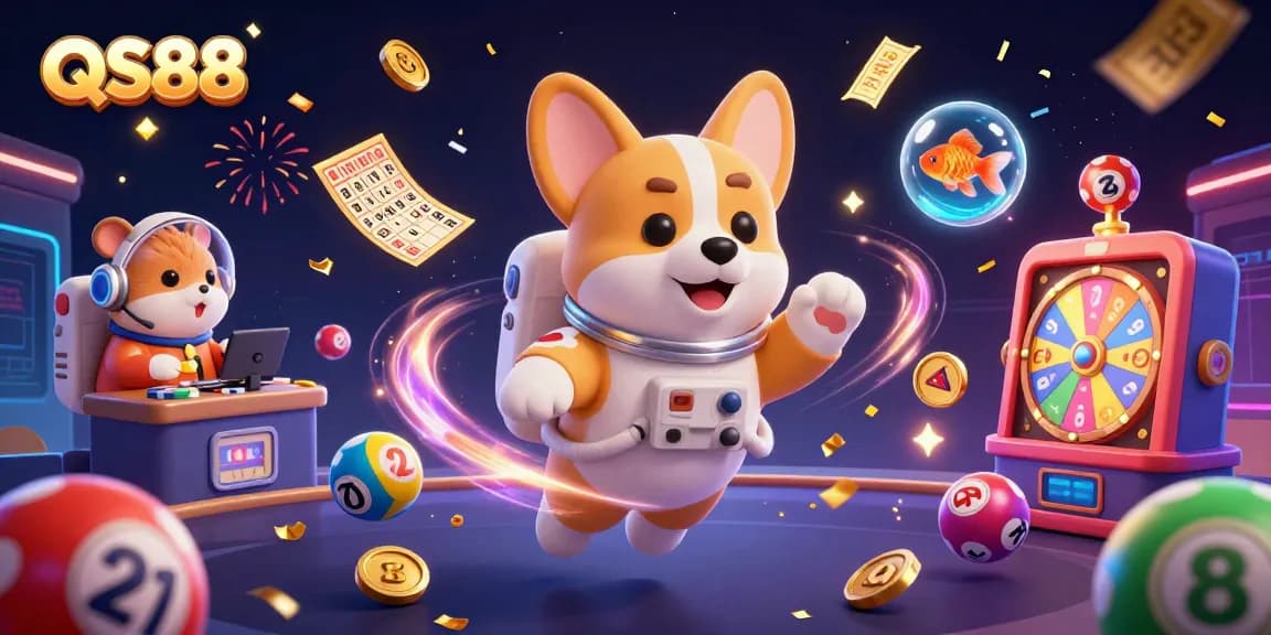 Engage with exciting games at QS88, featuring a lively illustrated scene of a floating astronaut corgi in an energetic casino atmosphere.