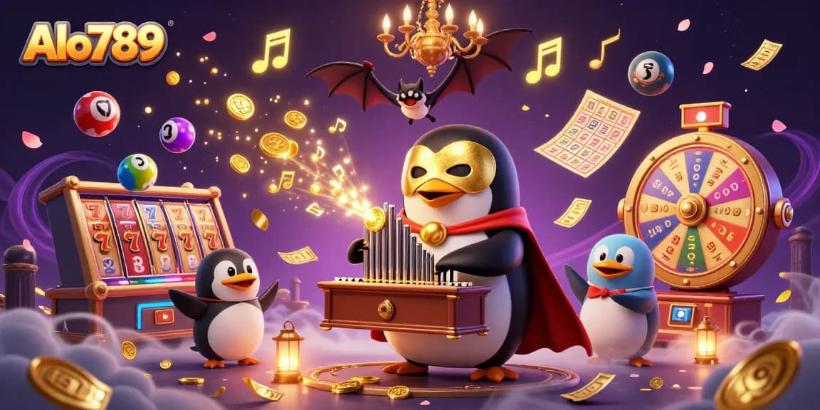 Alo789 penguin character in a casino scene playing organ, with slot games and jackpot elements around.