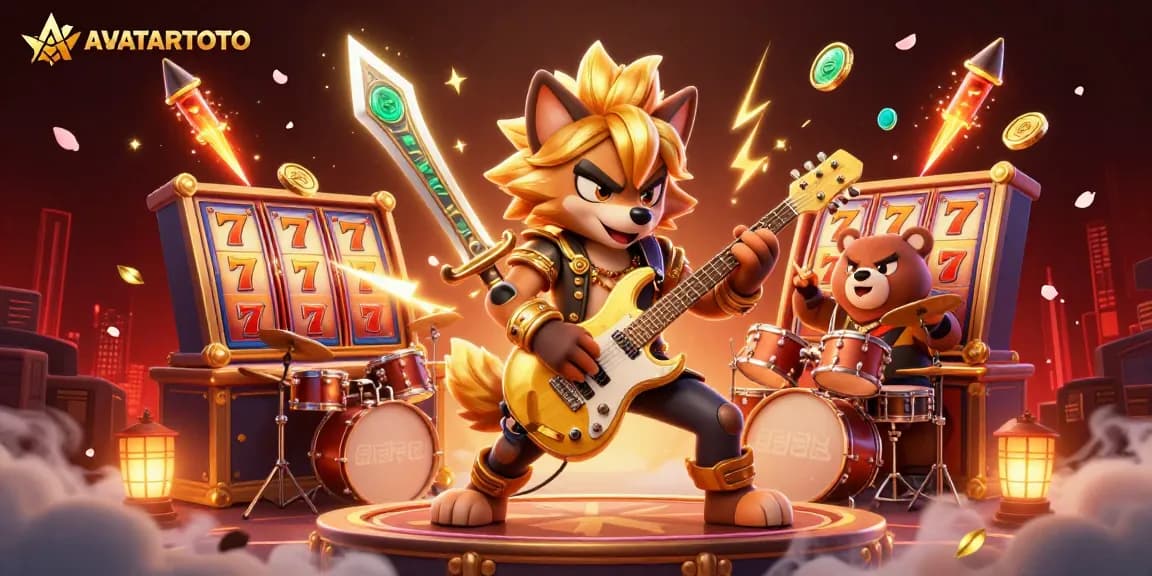 Experience the thrill of AVATARTOTO with a lively casino scene showcasing a rock star wolf and drummer bear.