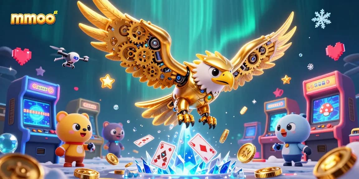 Engage with mmoo's thrilling online gaming adventure featuring a dynamic 3D eagle and casino elements.