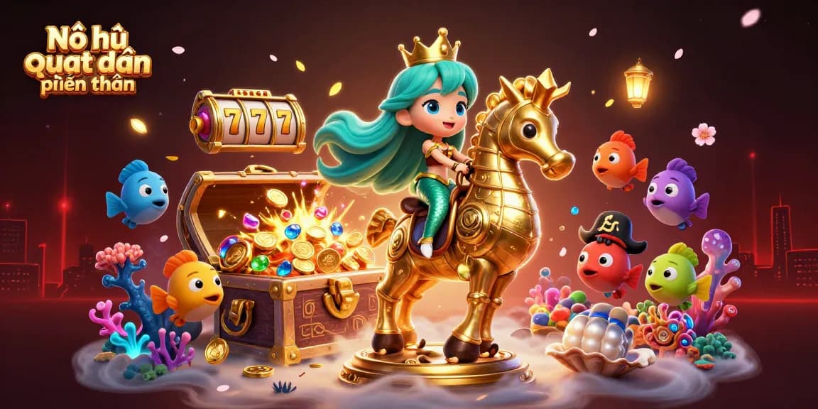 Nổ hũ quyết chiến tiền thưởng showcases a vibrant underwater casino adventure featuring colorful characters and dynamic slot reels.