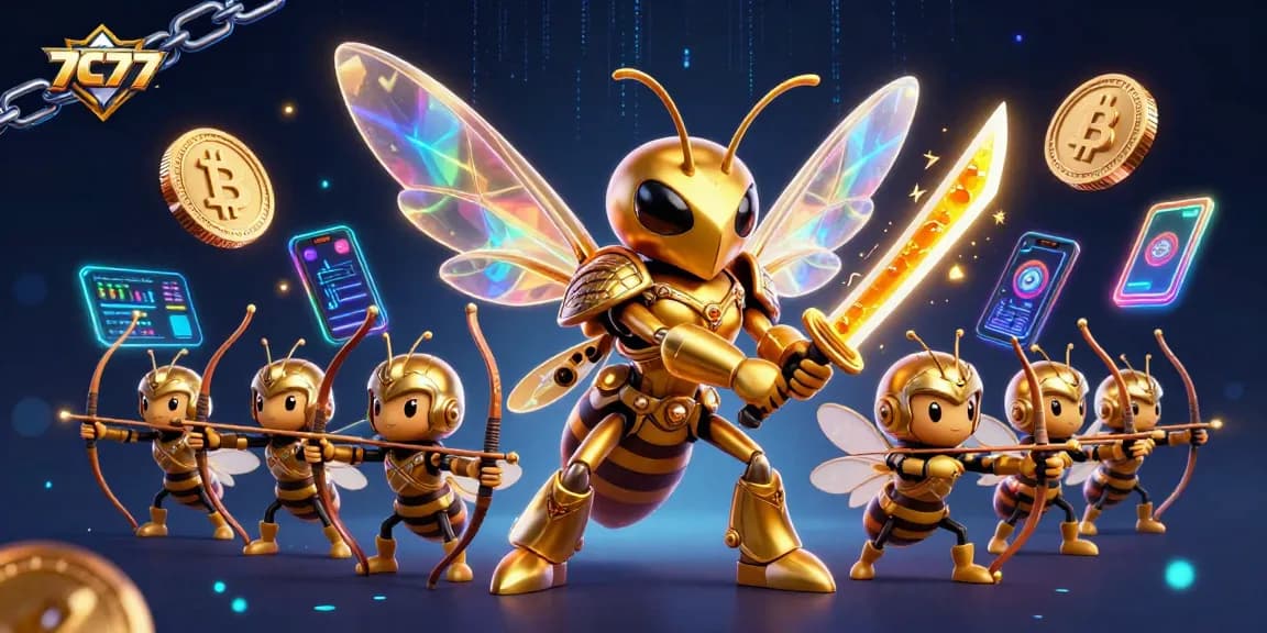 Experience the thrill of 7C777 gaming with a stunning golden hornet and crypto elements.