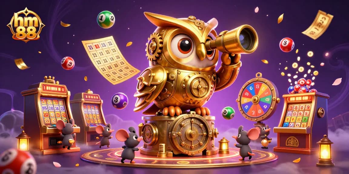 Experience the thrill of gambling at hm 88, featuring a dynamic casino scene with a golden owl and lively game elements.