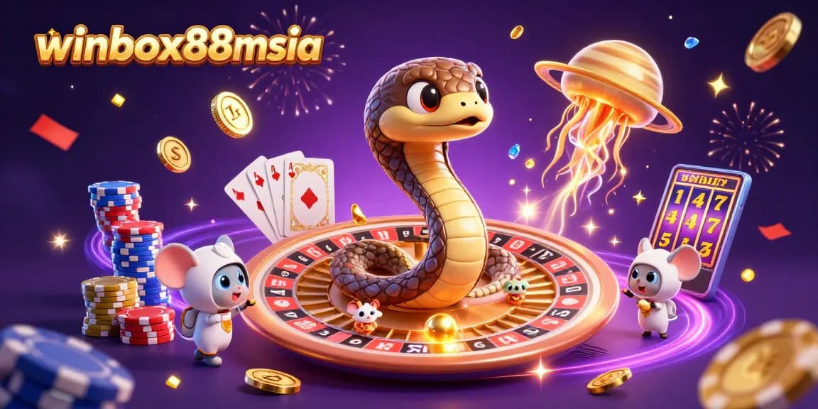Experience the excitement of winbox88msia with a vibrant 3D casino scene featuring betting astronauts and cosmic dealers.