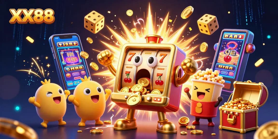 Engage with exciting casino gaming moments at XX88 as a golden slot machine celebrates a big jackpot!