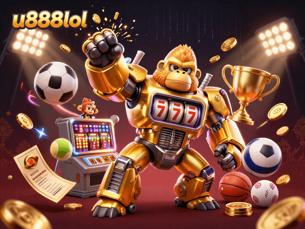 Experience the thrill of winning at u888lol with a dynamic 3D cartoon illustration featuring a gorilla mech.