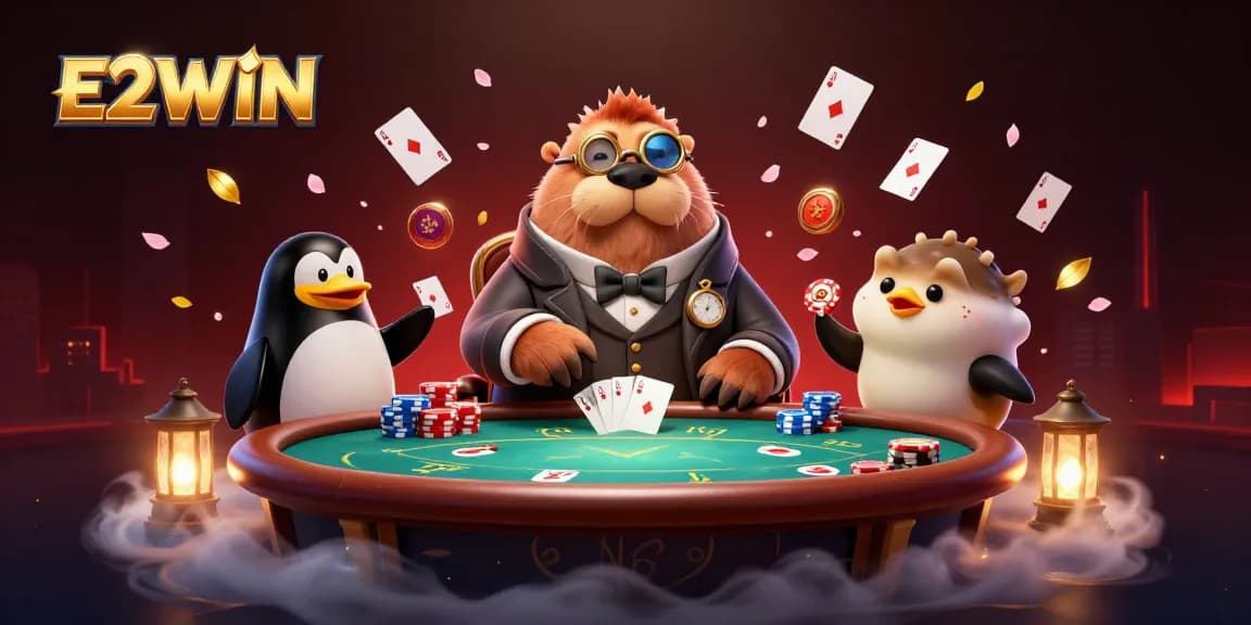 E2WIN players engage in a thrilling poker game with a walrus, penguin dealer, and a bluffing pufferfish.