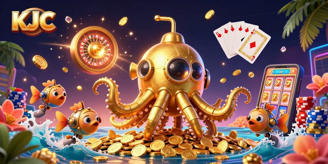 KJC players enjoy thrilling action with a golden kraken submarine and cascading coins.