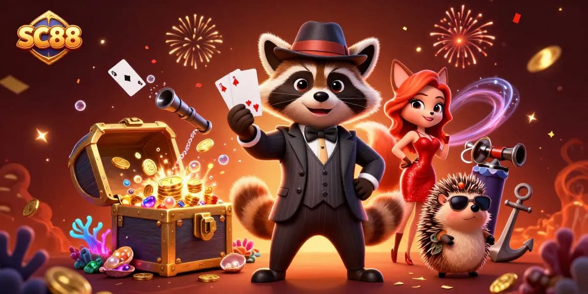Experience the thrill of SC88 with a suave raccoon and charming fox amidst winning treasures and colorful casino elements.