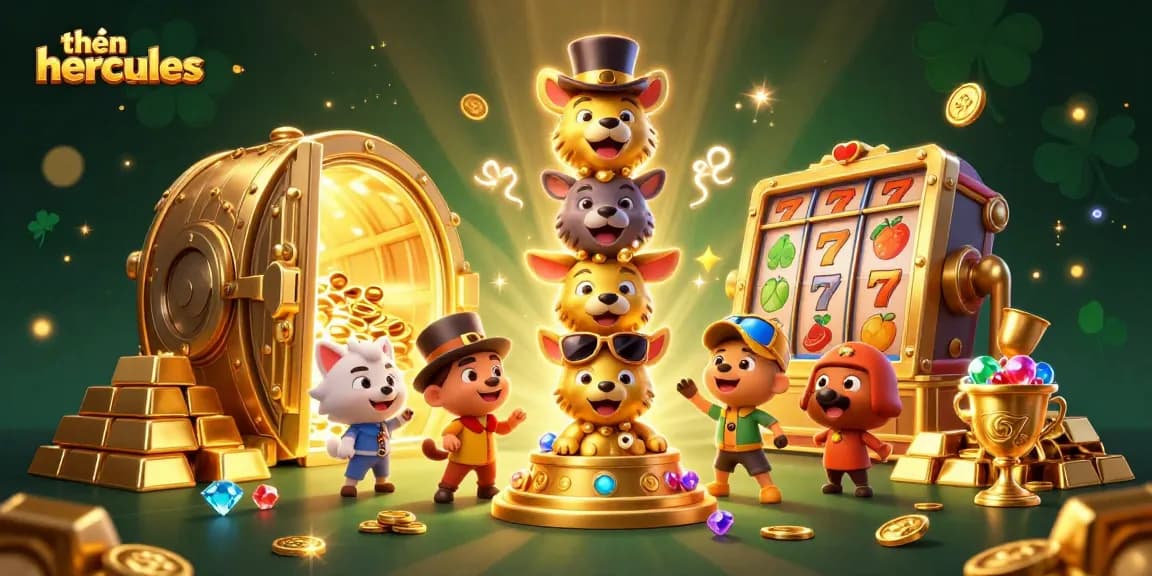 Experience the thrill of thần hercules with vibrant slot gaming elements and a dazzling treasure backdrop.