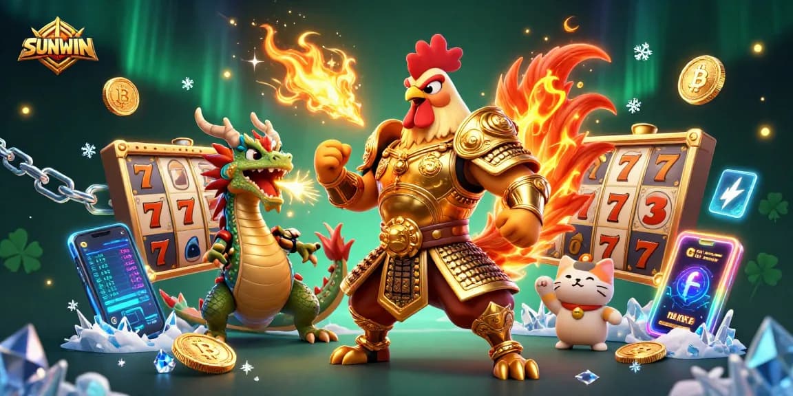 SUNWIN powers up the gaming scene with its vibrant combatants and slot elements in a dynamic illustration.