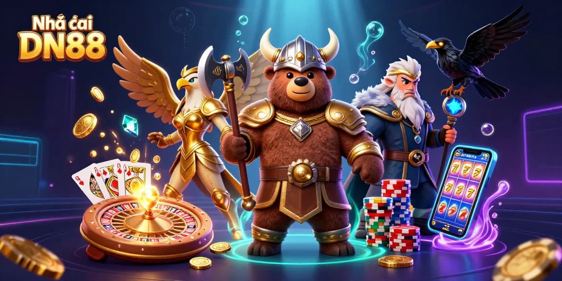 Engage in thrilling gameplay with Nhà cái DN88 featuring a unique Viking bear and Valkyrie eagle.