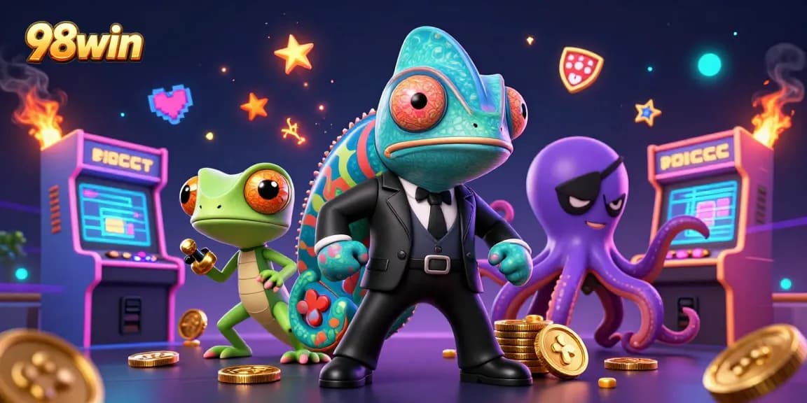 Experience high-stakes gameplay with 98win in this vibrant 3D digital casino illustration.