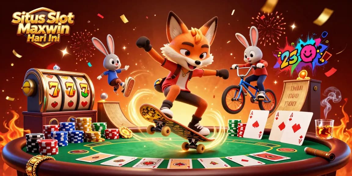 Situs Slot Maxwin Hari Ini showcases dynamic gambling action with 3D fox and rabbit in a vibrant casino scene.