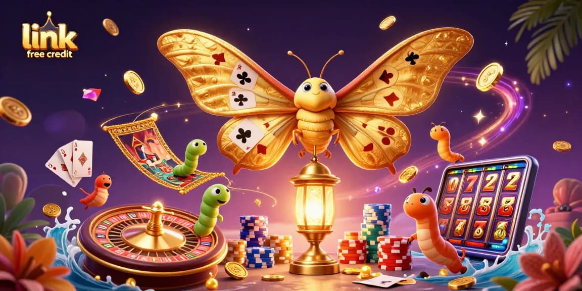 Experience the excitement of link free credit with vibrant casino elements and golden motifs in a colorful 3D illustration.