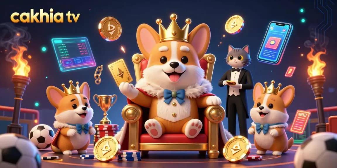 Cakhia tv showcases a vibrant and dynamic 3D scene featuring a royal corgi on a poker throne surrounded by sports betting elements.
