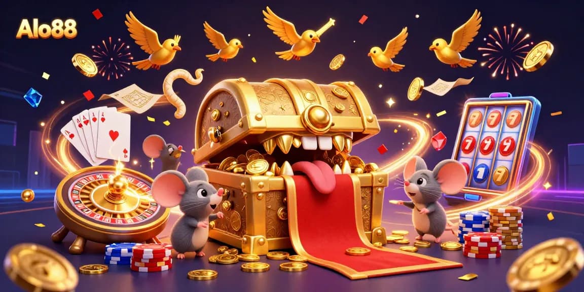Catch excitement at Alo88 with captivating treasure chests and coins in this vibrant casino scene.