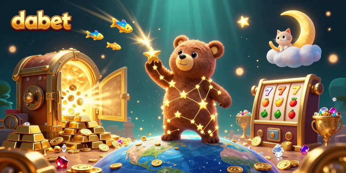 dabet players celebrate big wins at a vibrant online casino filled with gold and treasures.