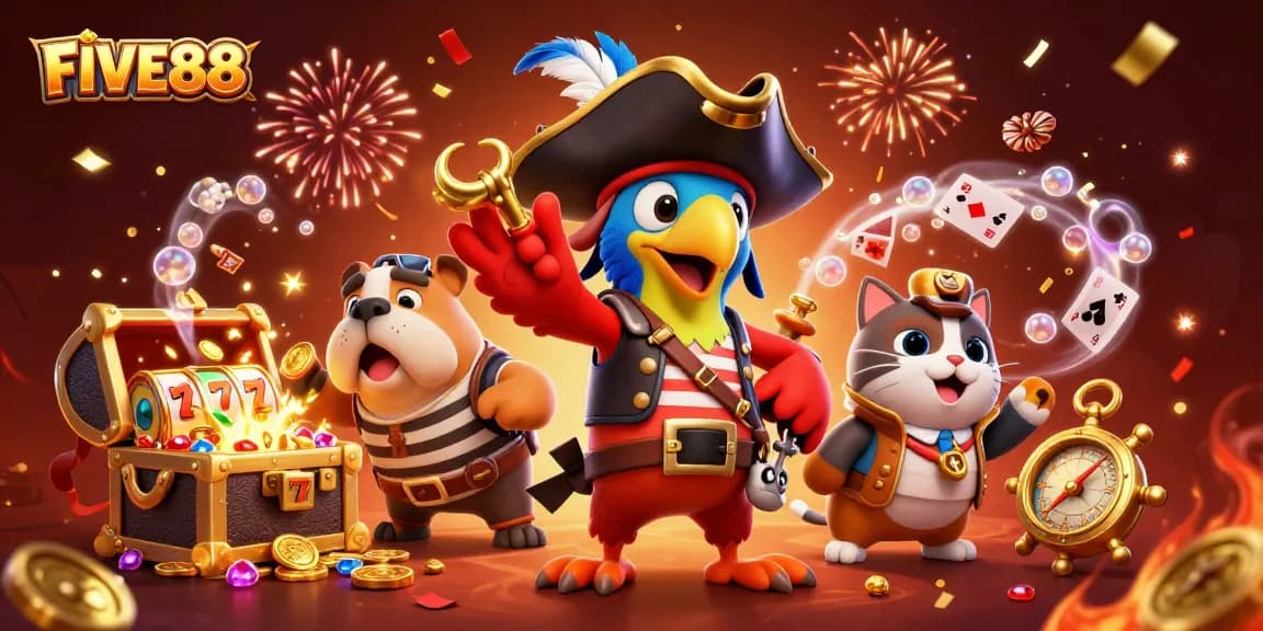 Experience the excitement of FIVE88 with vibrant casino characters amidst a treasure-filled adventure.