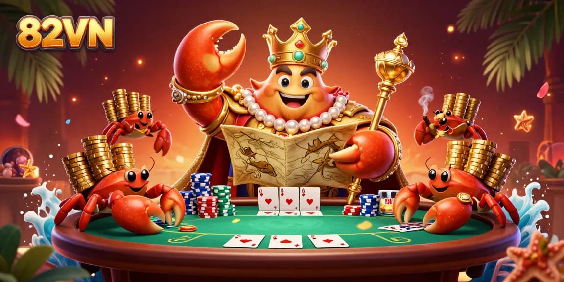 Experience the excitement of 82VN with the golden crab emperor, vibrant poker elements, and rich casino visuals.