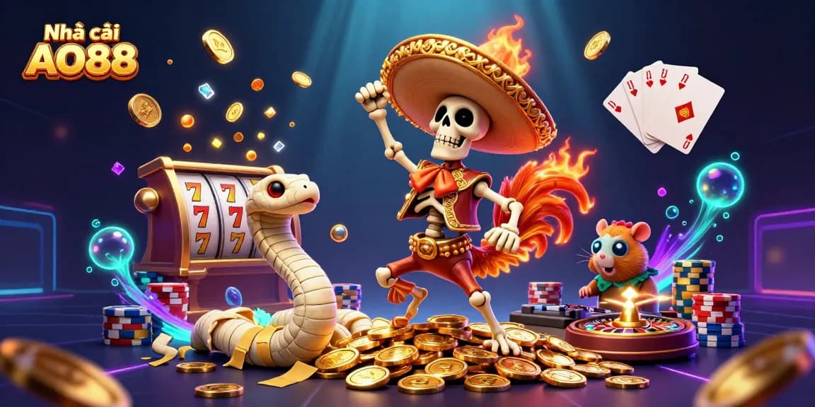 Nhà cái AO88 celebrates gaming with vibrant 3D characters, golden coins, and lively gambling action.